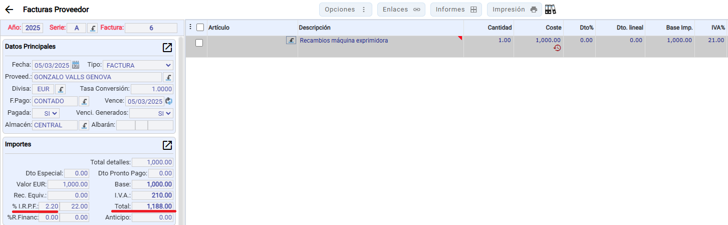 factura de compras con IRPF 